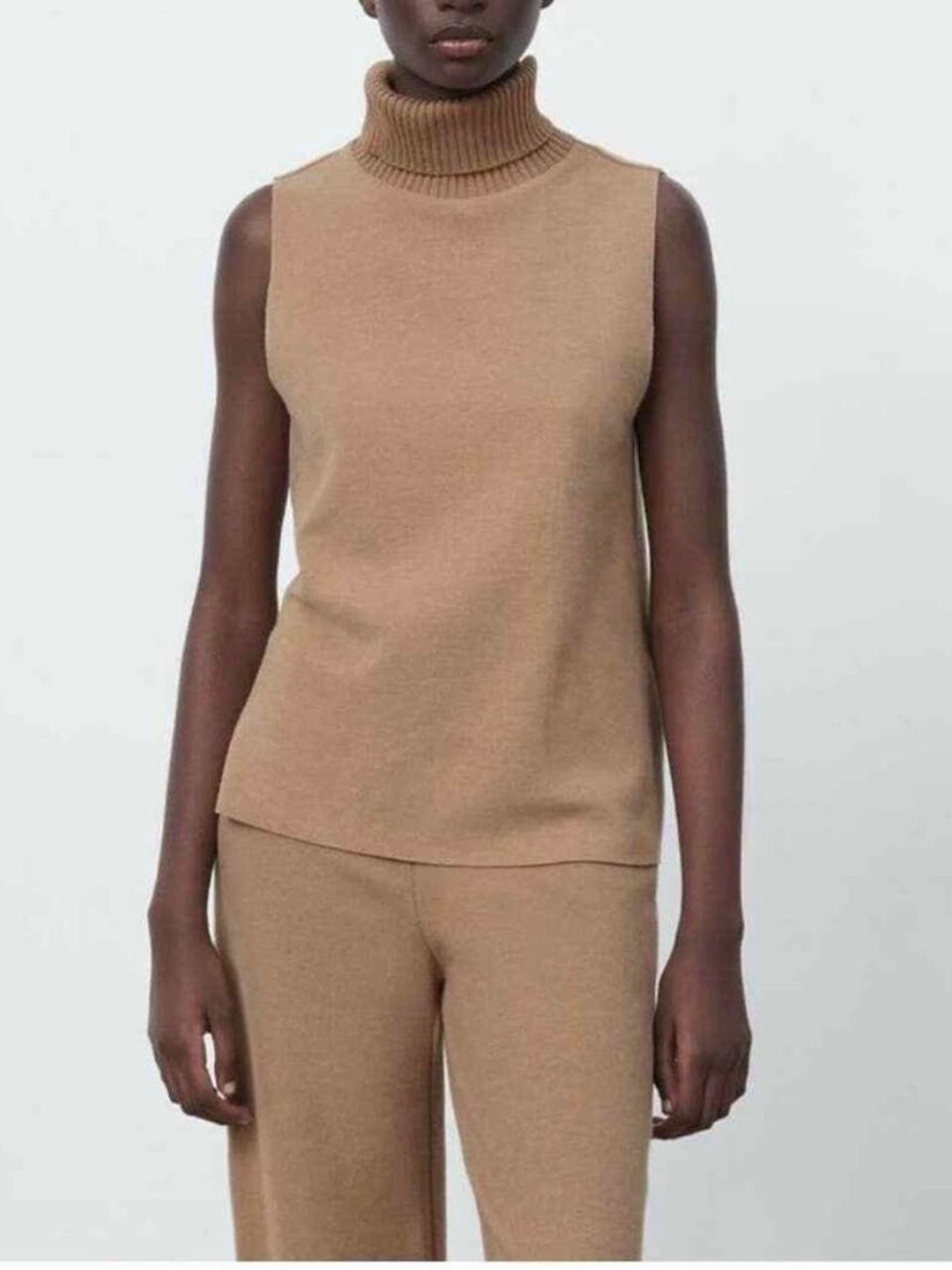 Zara Ribbed Sleeveless Turtleneck in Camel Beige